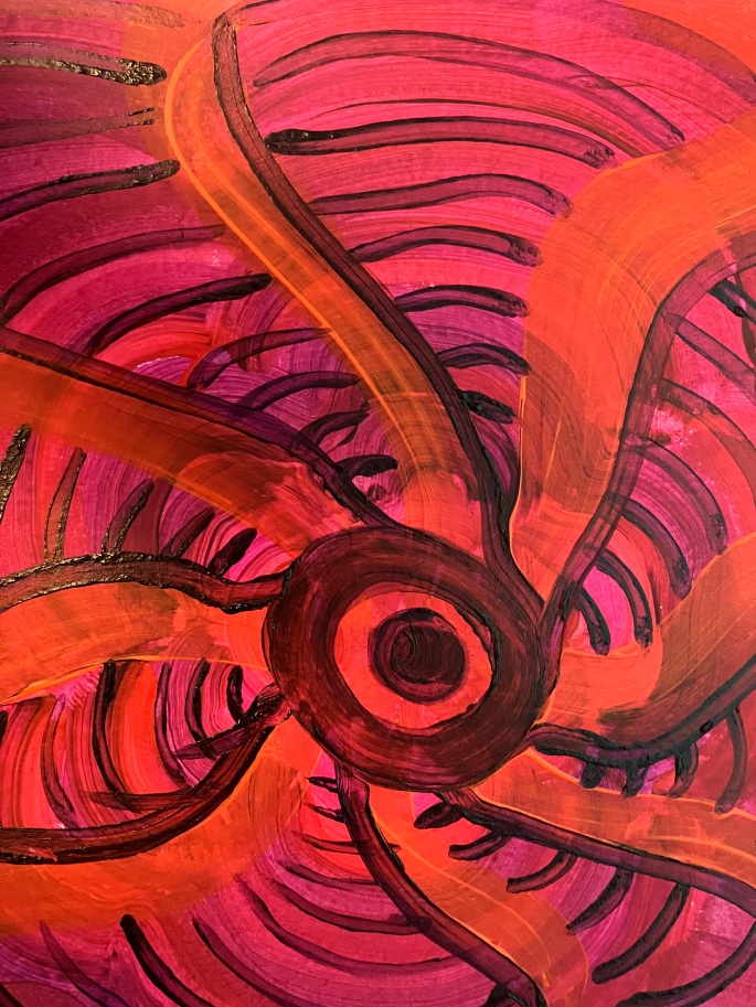 An acrylic painting with red and magenta swirls in the background, and orange tentacle-like protrusions from a circle in the middle. The tentacles are shadowed with purple. There are purple curves between the tentacles giving a spiral look to the whole painting.